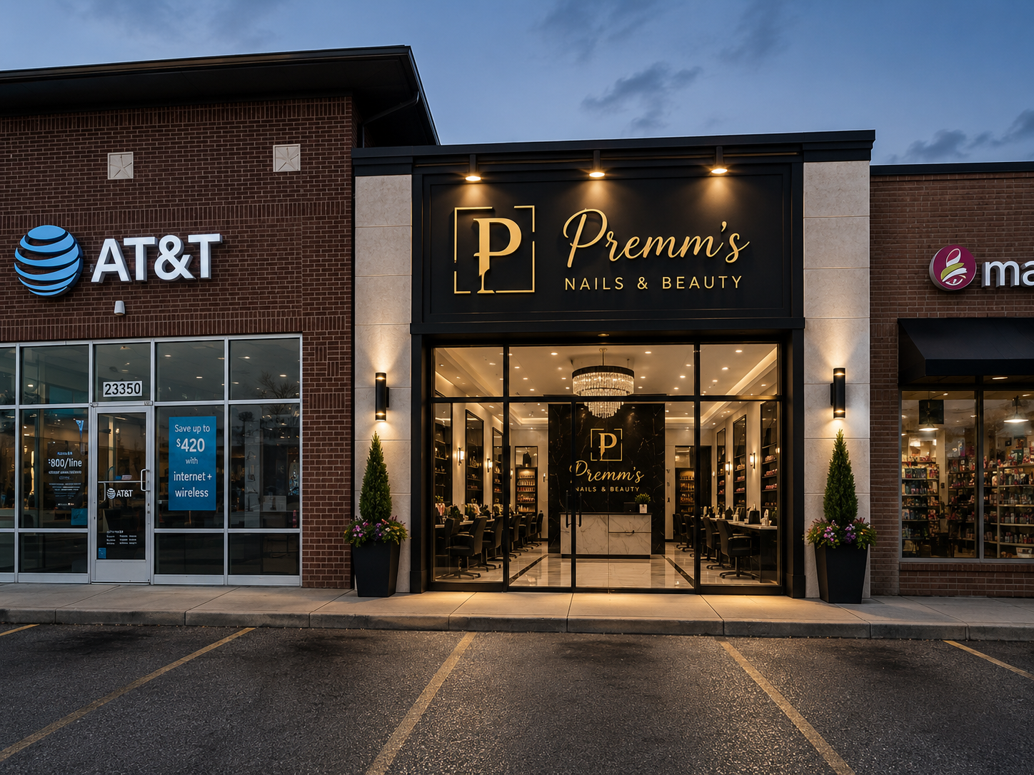 Premm’s Nail & Beauty exterior design concept with black facade, warm gold signage, and cream stone accents