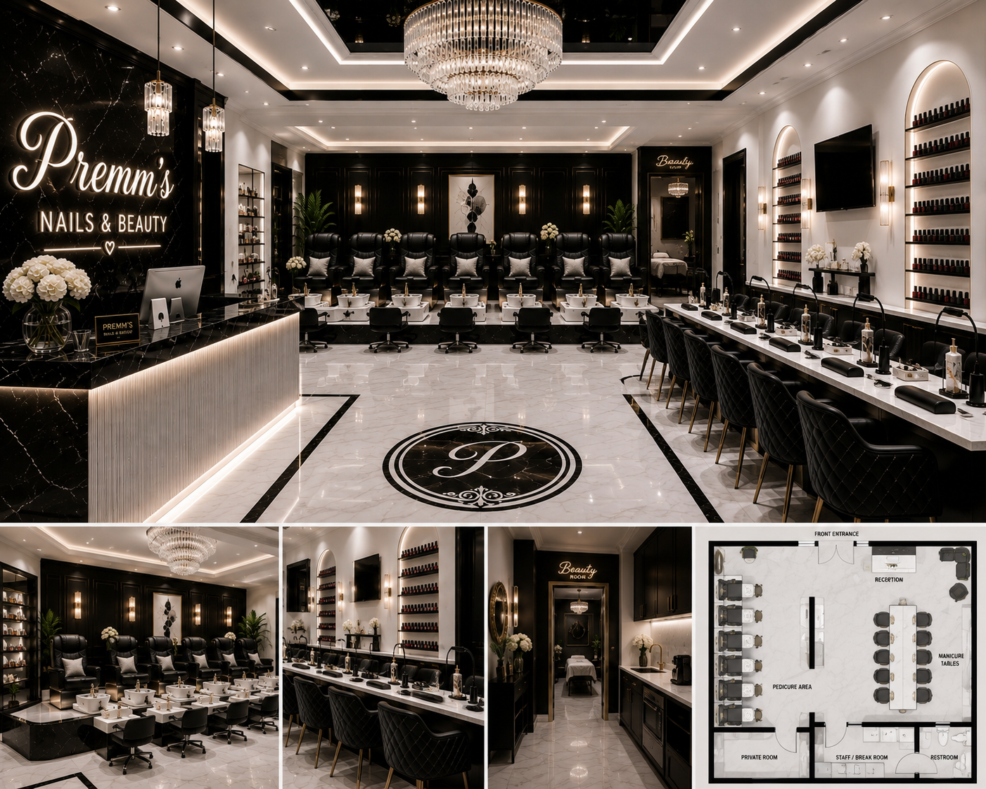 Premm’s Nail & Beauty interior design concept with black marble, warm gold, and cream finishes